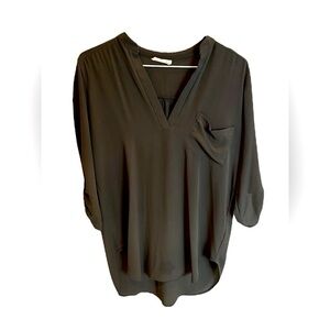 LUSH Split Neck Tunic Blouse XS | Roll Sleeve Olive Green | Boho Chic Casual